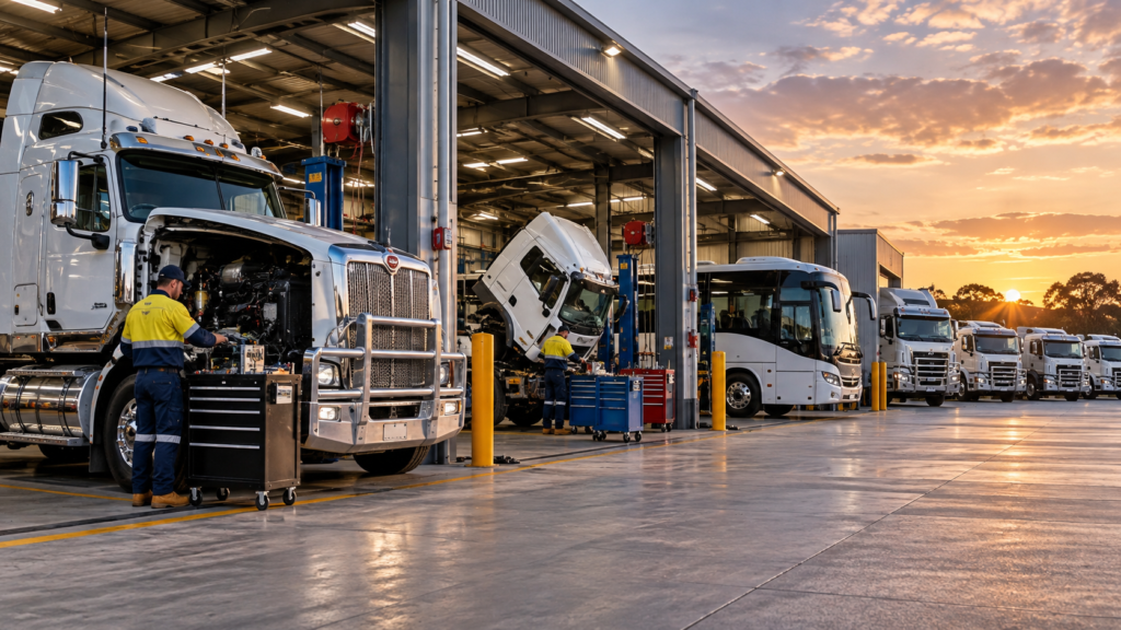 Heavy vehicle fleet maintenance workshop with trucks and bus